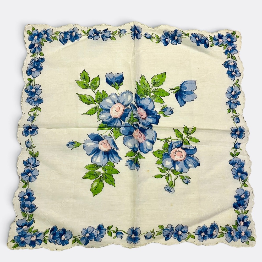 Vintage Blue Floral Scalloped Edge Handkerchief Cottagecore Pocket Square